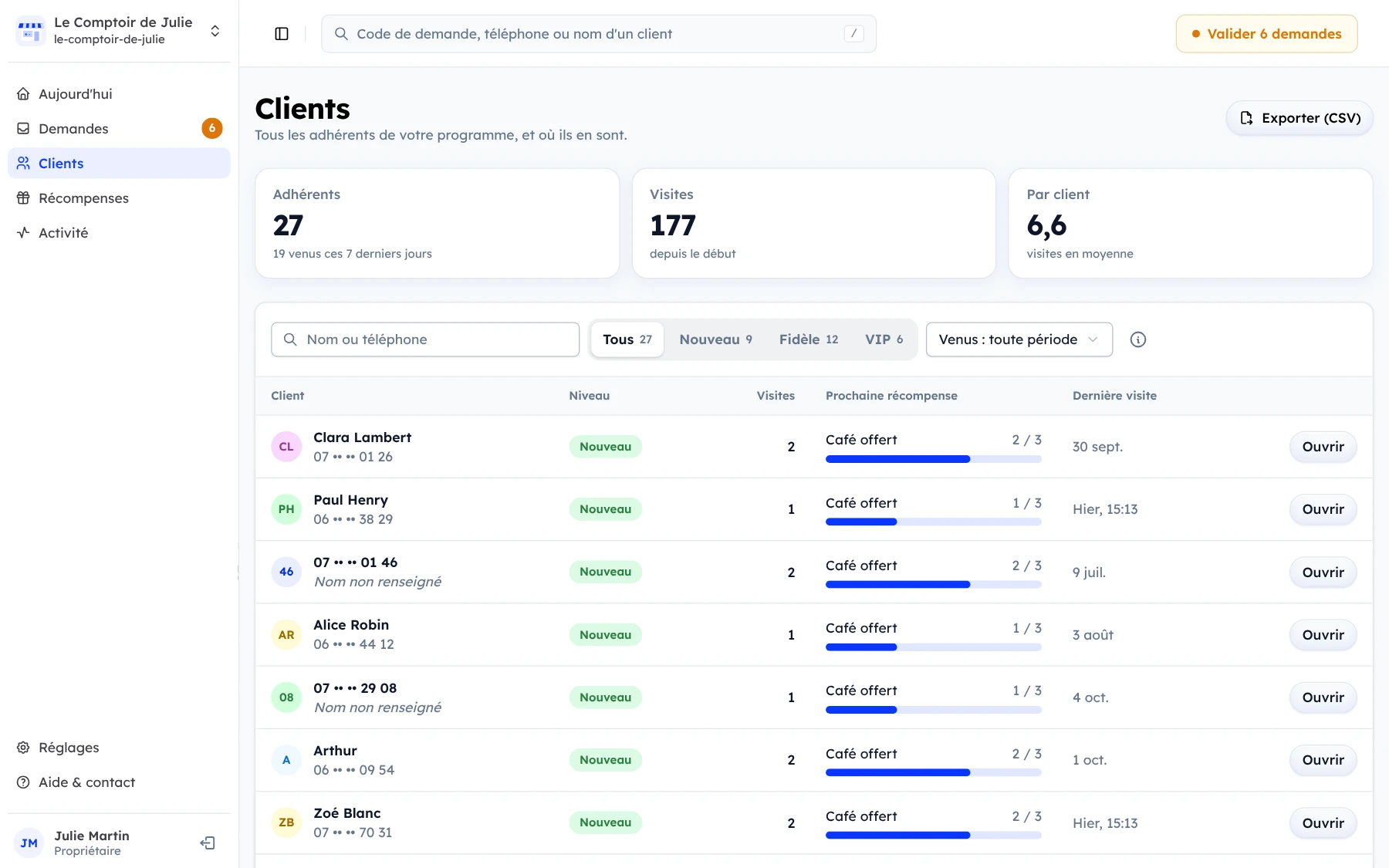 La liste des clients de l’espace commerçant : niveau Nouveau, Fidèle ou VIP, nombre de visites, prochaine récompense avec sa progression et date de dernière visite