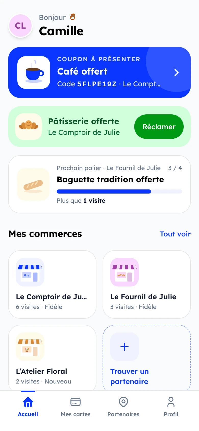 L’accueil de l’application client : un coupon Café offert à présenter, une pâtisserie prête à réclamer et ses trois commerces