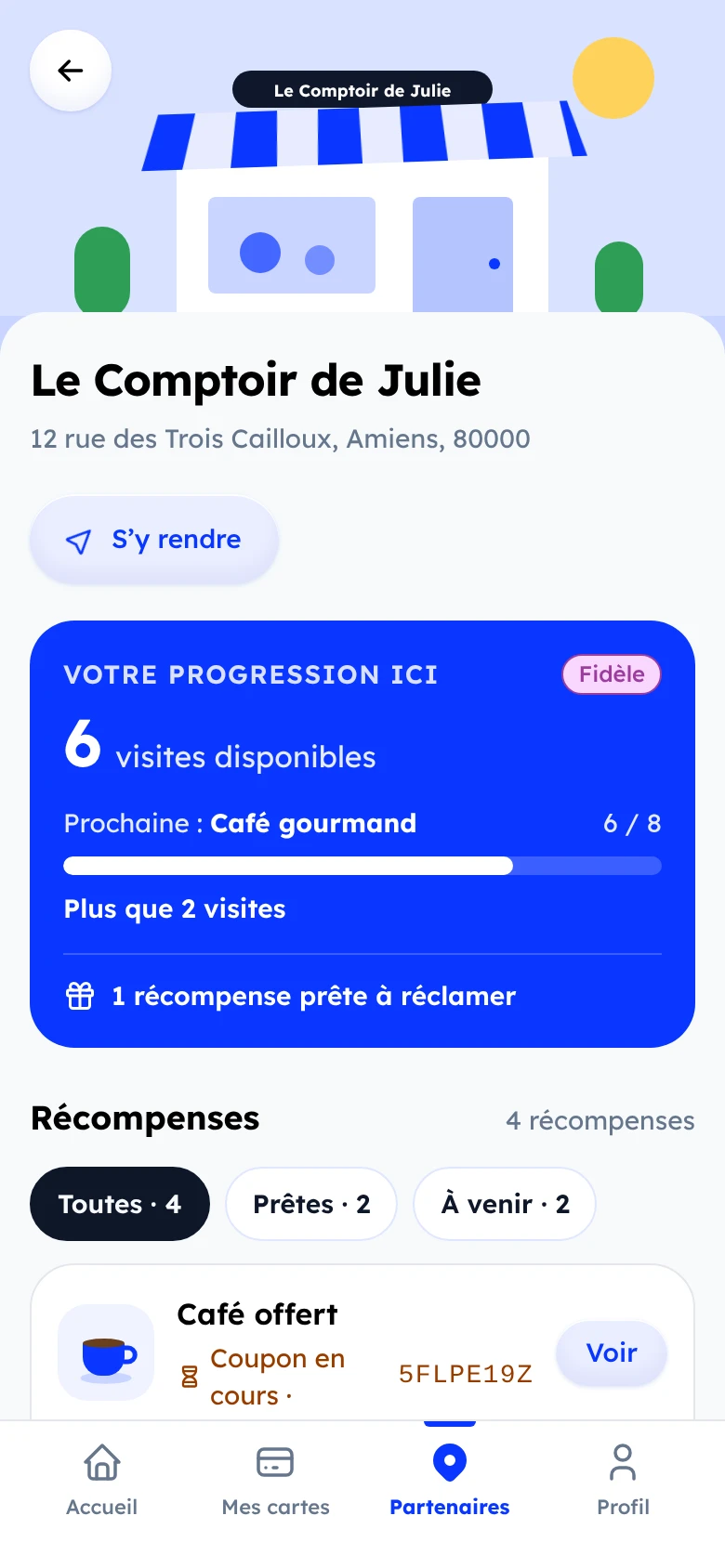 La fiche du commerce dans l’application : niveau Fidèle, 6 visites disponibles, prochain palier Café gourmand à 6 sur 8